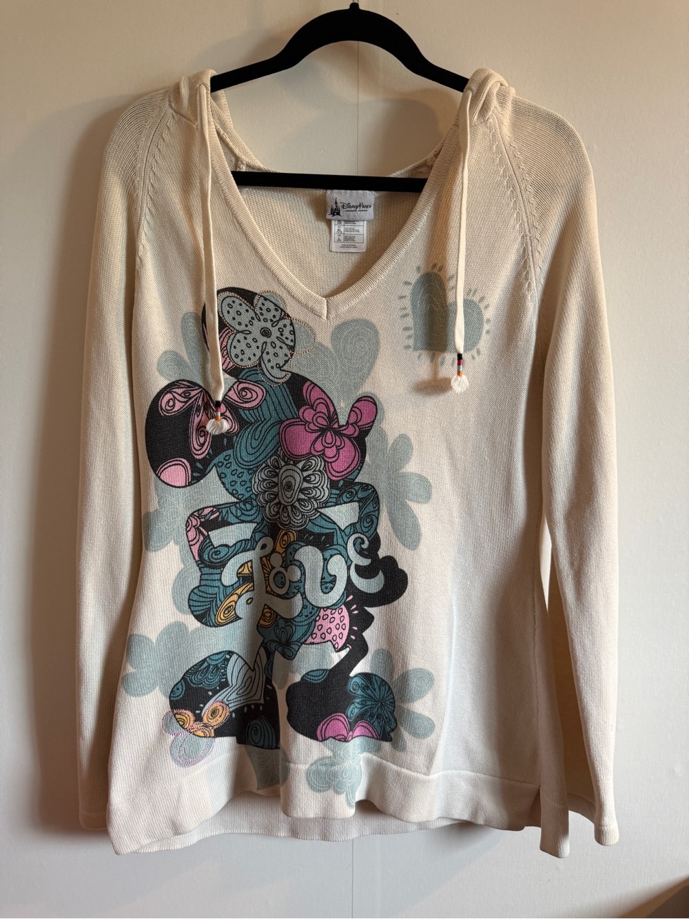 Disney Parks Minnie Mouse Hooded Knit Sweater Large Cream Graphic Hoodie Cotton